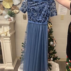 SHEIN Blue Floral Lace Prom Dress